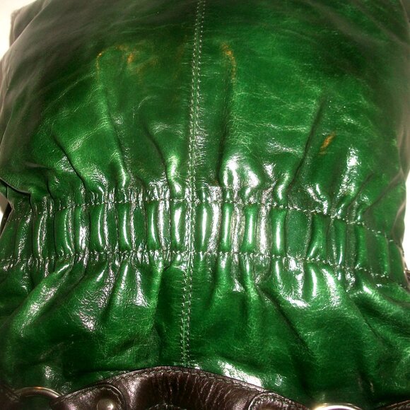 Vtg Nino Bossi Large Rectangular Green & Brown Leather Lined Shoulder Bag - Picture 12 of 14